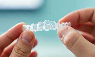 Mãos segurando um aparelho invisível, mostrando sua transparência e formato